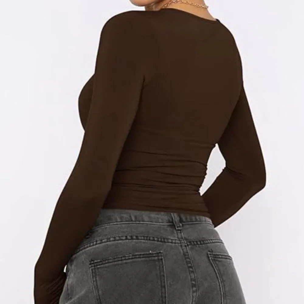 AKEWEI Black + Deep Brown Small 2-Pack Long Sleeve Crop Tops Boat Neck Soft
